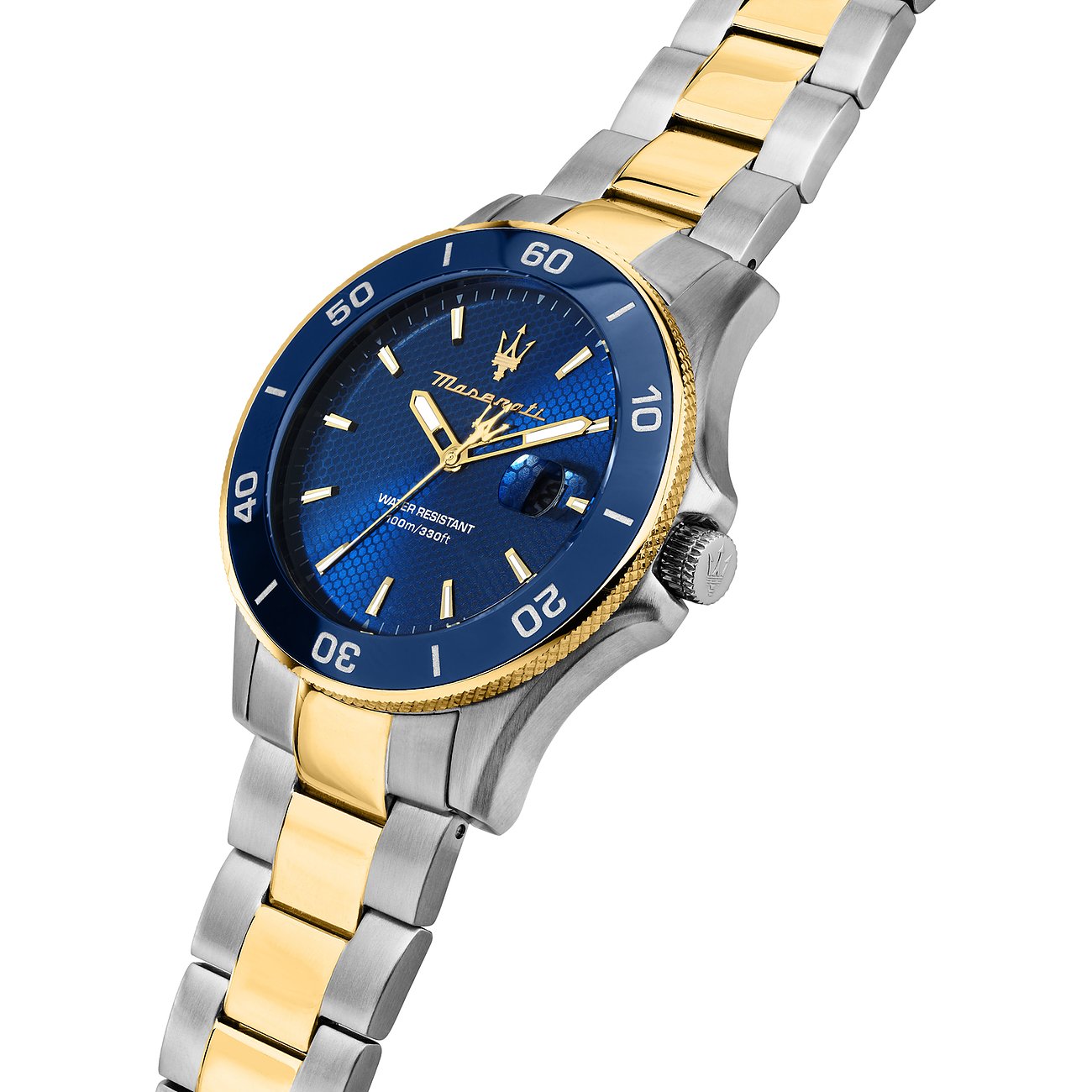 Maserati-klocka med boett i rostfritt stål, tvåfärgad, analog med datum, guldfärgad ram.