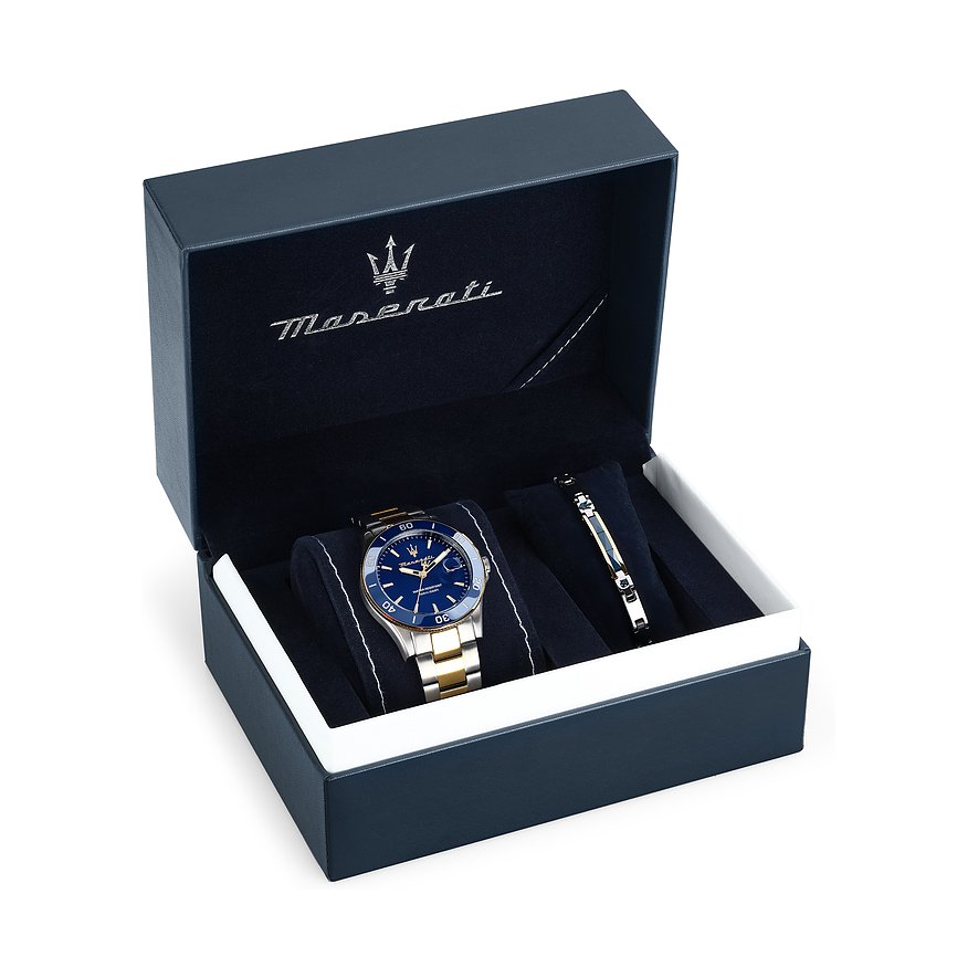 Maserati set med boett i rostfritt stål, blå urtavla och guldfärgade accenter.