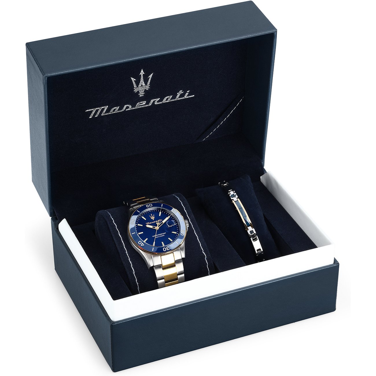 Maserati set med boett i rostfritt stål, blå urtavla och guldfärgade accenter.