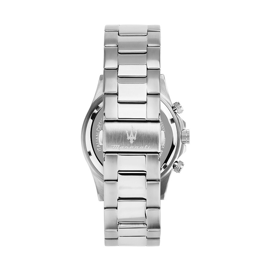Maserati Herrenuhr mit Edelstahlgehäuse, silberfarbenes Gehäuse und Armband.