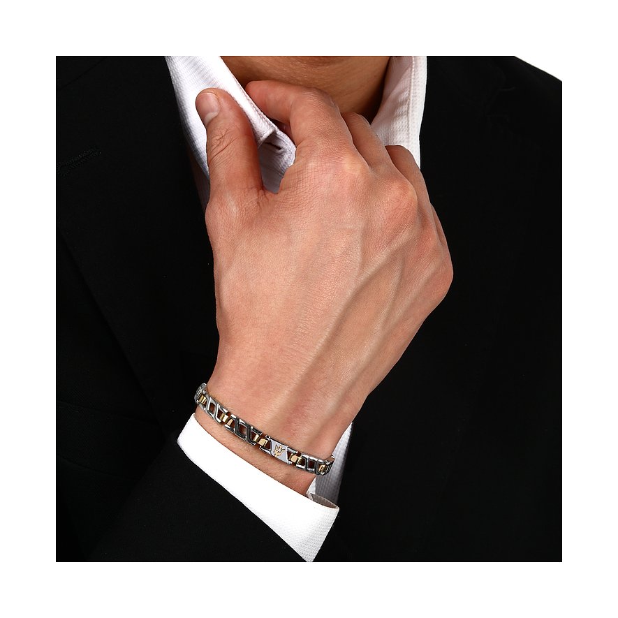 Bracelet Maserati en acier inoxydable, bicolore avec plaque logo.