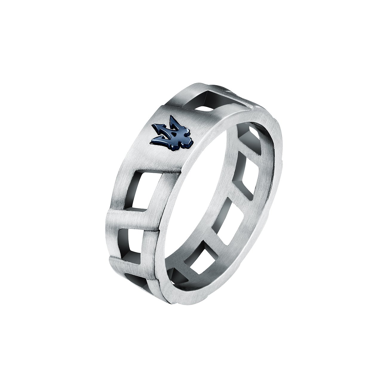 Maserati Ring aus Edelstahl mit geometrischem Muster und blauem Emblem.