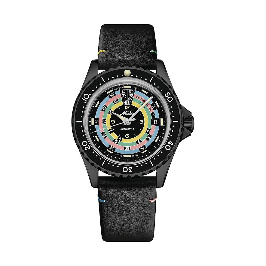 Mido Herrenuhr mit Edelstahlgehäuse, analog, mit farbigem Zifferblatt.