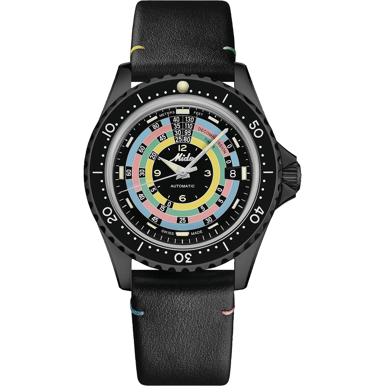 Mido Herrenuhr mit Edelstahlgehäuse, analog, mit farbigem Zifferblatt.