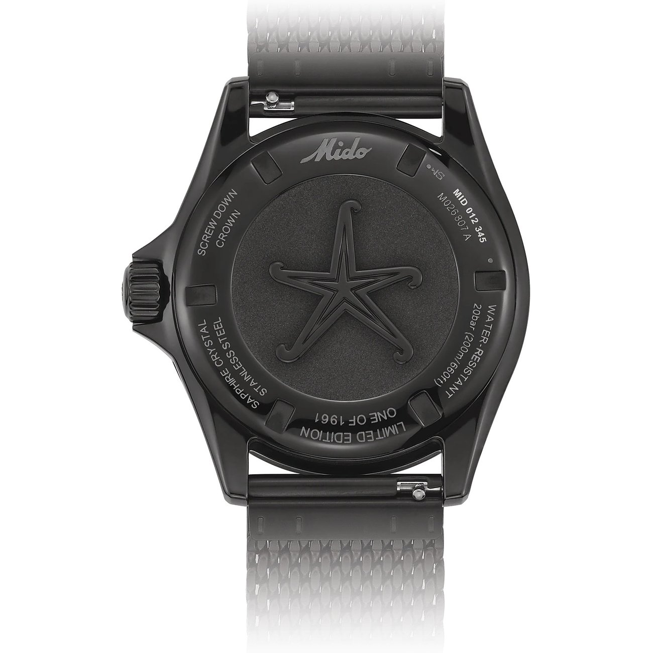 Mido Uhr mit Edelstahlgehäuse, schwarzes Gehäuse, analoge Anzeige.