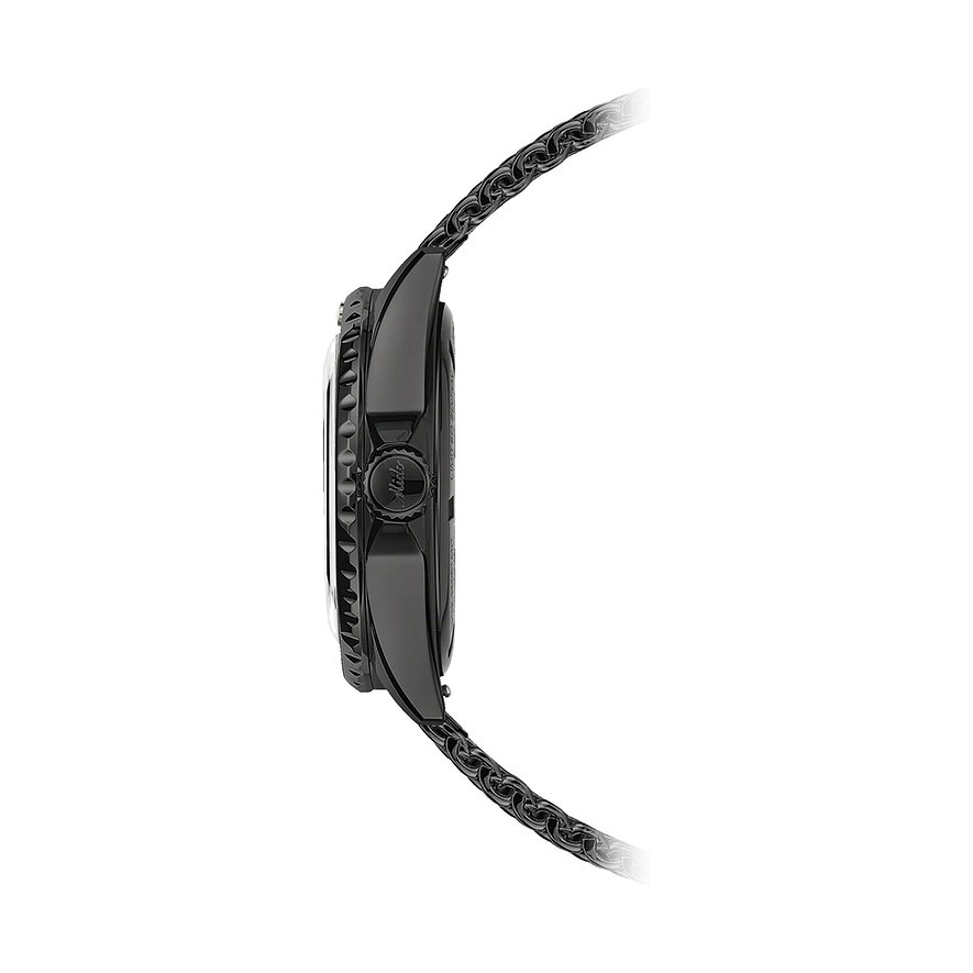 Mido Uhr mit Edelstahlgehäuse, schwarzes Gliederarmband, analog.