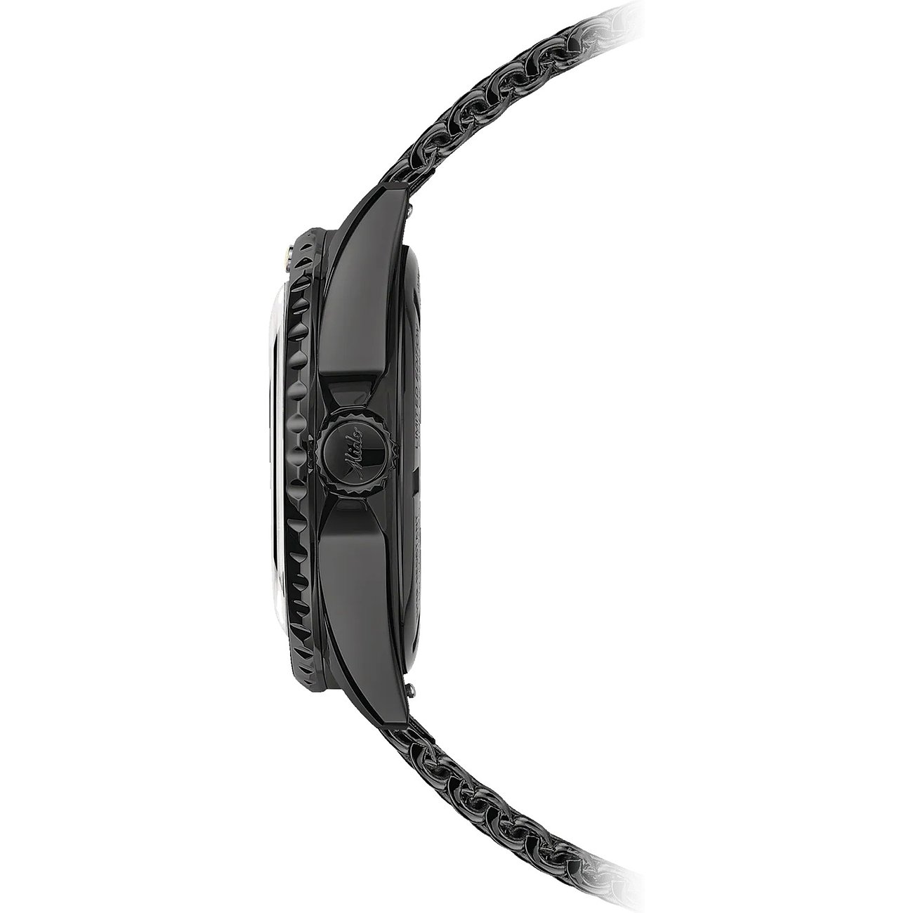 Mido Uhr mit Edelstahlgehäuse, schwarzes Gliederarmband, analog.