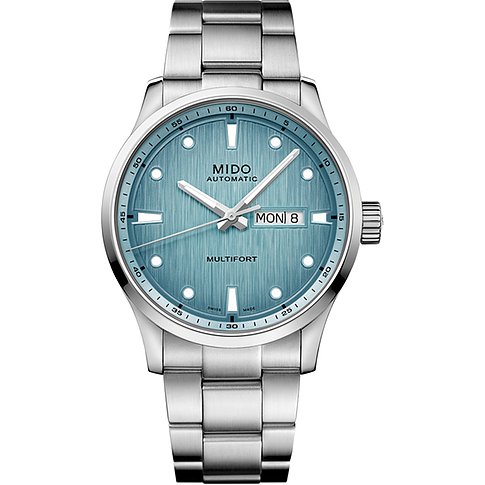 Mido Herrenuhr aus Edelstahl mit blauem Zifferblatt und Datumsanzeige.