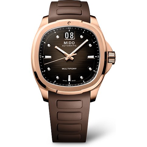 Mido Herrenuhr mit Edelstahlgehäuse, analoger Anzeige und braunem Zifferblatt.