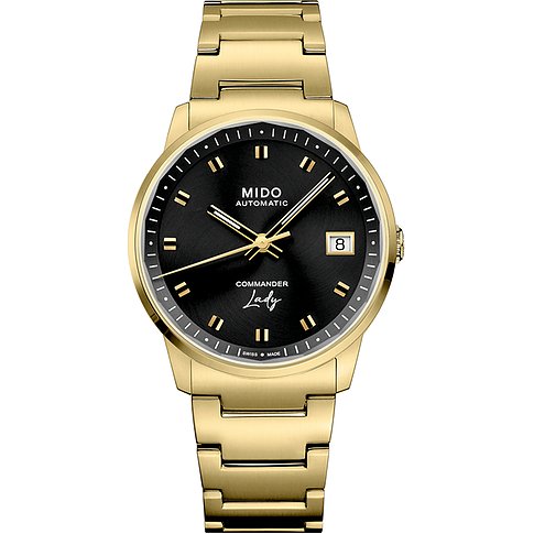 Mido Damenuhr aus Edelstahl mit schwarzem Zifferblatt und goldenen Akzenten.