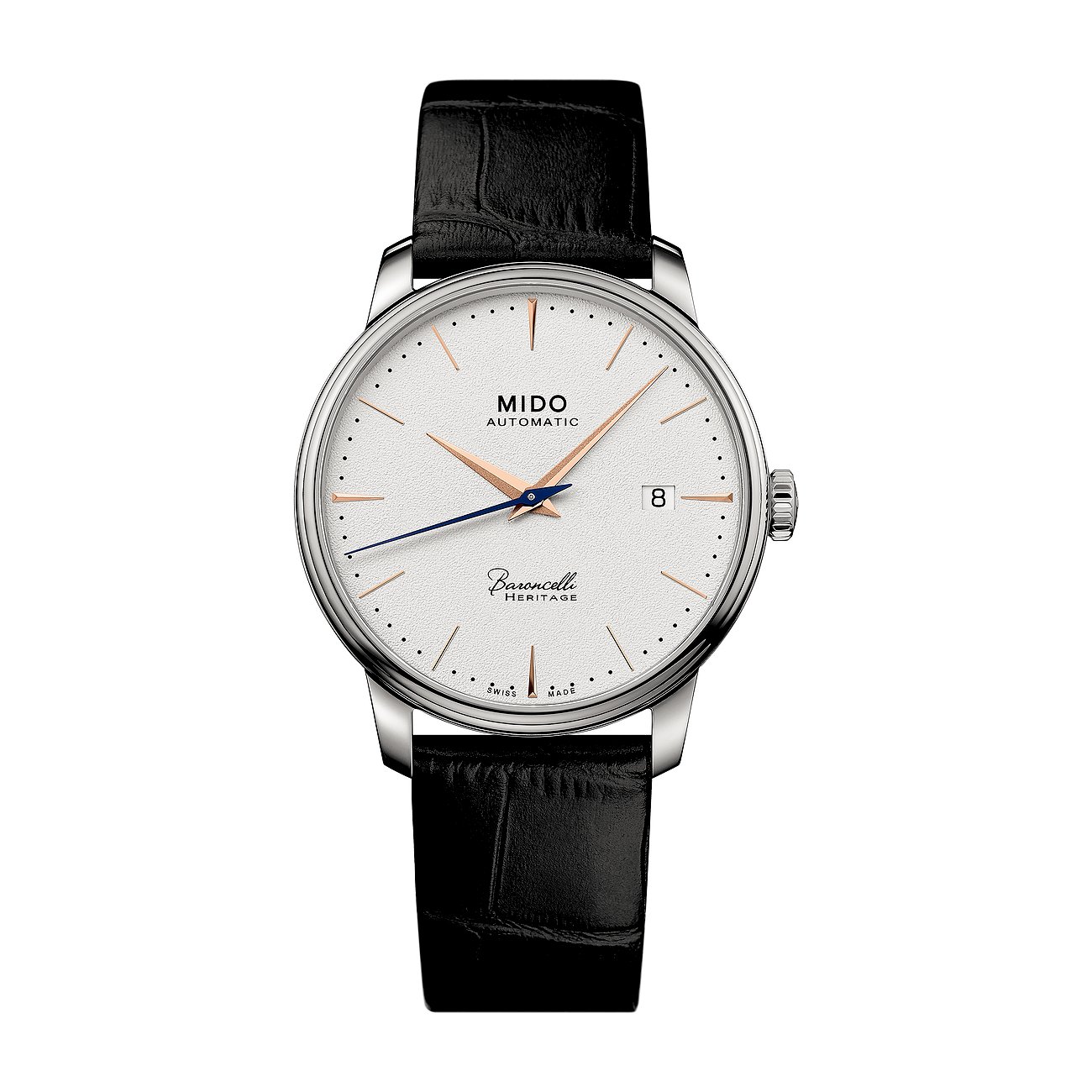 Mido Herrenuhr mit Edelstahlgehäuse, weißem Zifferblatt und Lederarmband.