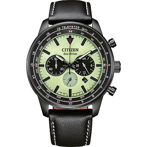 Citizen Herrenuhr mit Edelstahlgehäuse, leuchtgrünem Zifferblatt und Chronograph.