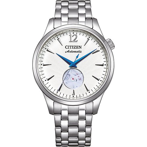 Citizen Herrenuhr mit Edelstahlgehäuse, silberfarben, mit Sichtfenster.