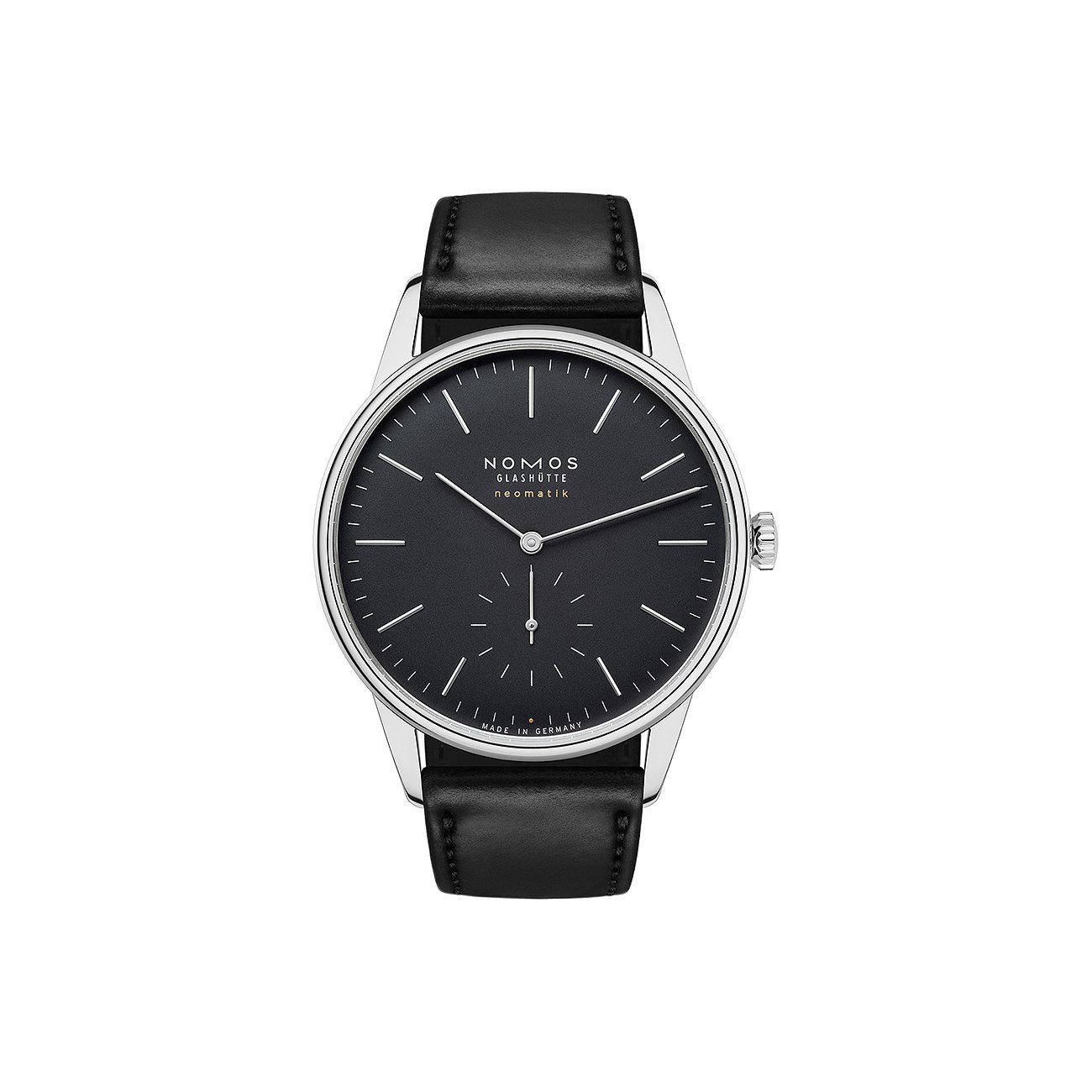 Nomos Glashütte Unisexuhr mit Edelstahlgehäuse, schwarzem Zifferblatt und Lederarmband.