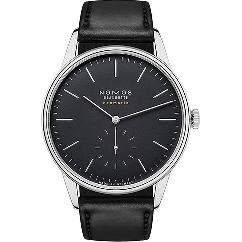 Nomos Glashütte Unisexuhr mit Edelstahlgehäuse, schwarzem Zifferblatt und Lederarmband.