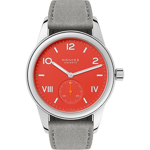 Nomos Glashütte Herrenuhr mit Edelstahlgehäuse, rotem Zifferblatt und kleiner Sekunde.