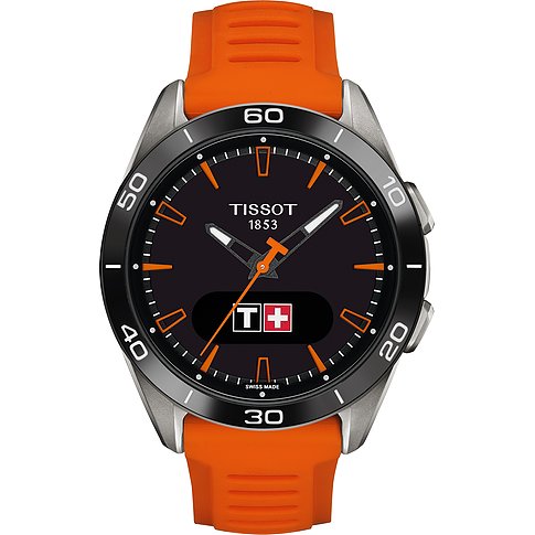 Tissot Connected Smartwatch mit Titan-Gehäuse, schwarzem Zifferblatt und orangefarbenem Armband.