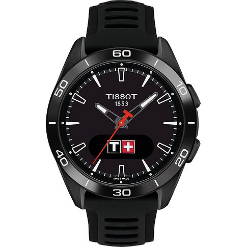 Tissot Smartwatch mit Titan-Gehäuse, analog-digital, schwarzes Zifferblatt.