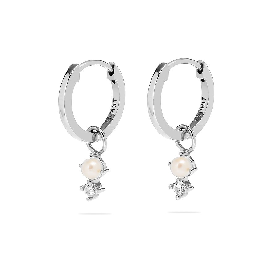 ESPRIT Creolen GLOSSY PEARLS, Zirkon, synthetisch, Damen, 925er Silber, Perle, Perle, silber