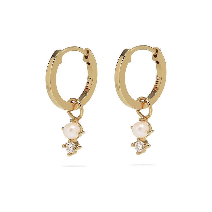 ESPRIT Creolen GLOSSY PEARLS, Zirkon, synthetisch, Damen, 925er Silber, Perle, Perle, gold