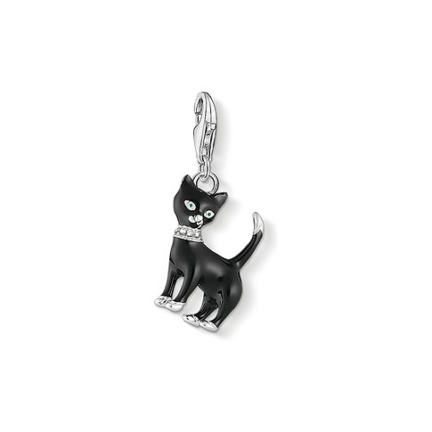 Thomas Sabo Anhänger aus 925er Silber, schwarze Katze mit grünen Steinen und Collier.