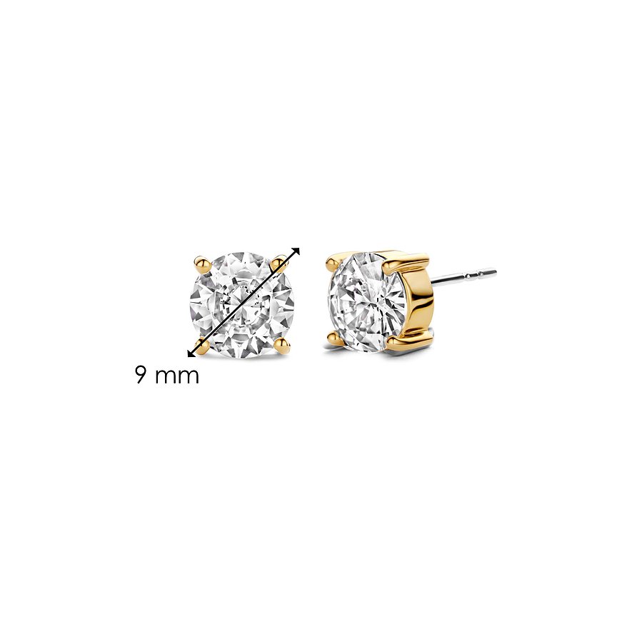 Ti Sento - Milano oorknopjes van verguld 925 zilver met ronde zirkonia, close-up met 9 mm maatindicatie.