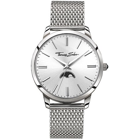Thomas Sabo Herrenuhr mit Edelstahlgehäuse, silberfarbenes Zifferblatt, Mondphasenanzeige.