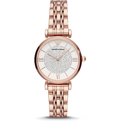 Emporio Armani Damenuhr mit rosévergoldetem Edelstahlgehäuse, analog, mit Glassteinen.