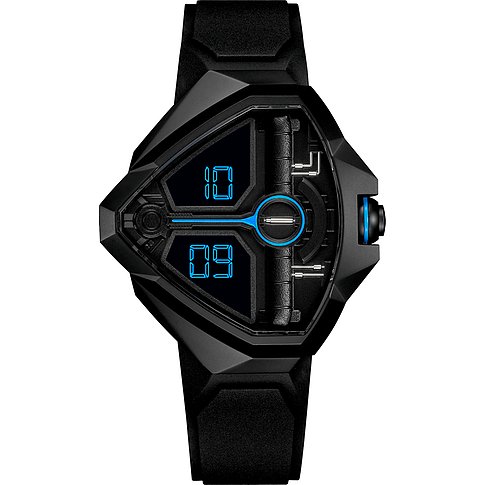 Hamilton Herrenuhr mit Edelstahlgehäuse, digitaler Anzeige und blauem Akzent.