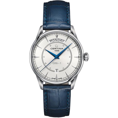 Certina Herrenuhr mit Edelstahlgehäuse, silbernem Zifferblatt und blauen Zeigern.