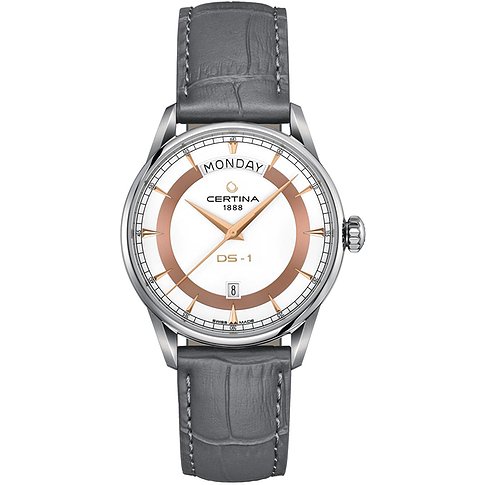 Certina Herrenuhr mit Edelstahlgehäuse, weißem Zifferblatt und Datumsanzeige.