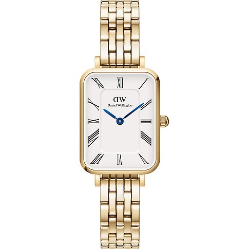 Daniel Wellington Damenuhr mit Edelstahlgehäuse, analog, römische Ziffern.