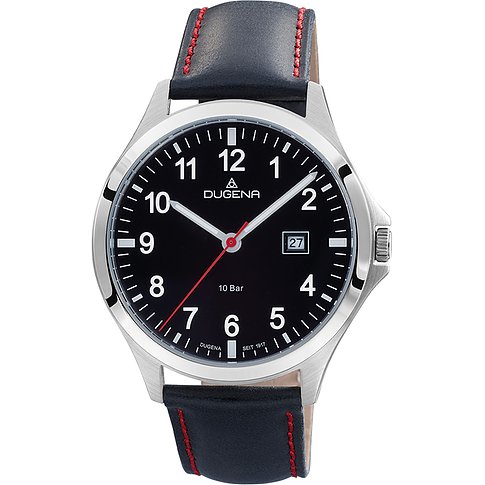 Dugena Herrenuhr mit Edelstahlgehäuse, schwarzem Zifferblatt und roter Naht.