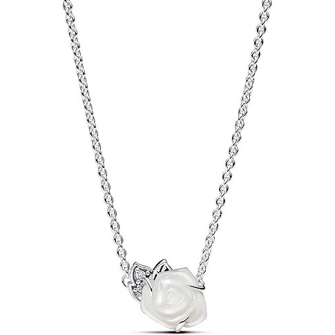 Pandora Kette aus 925er Silber mit Perlmutt-Rose und Zirkonia.