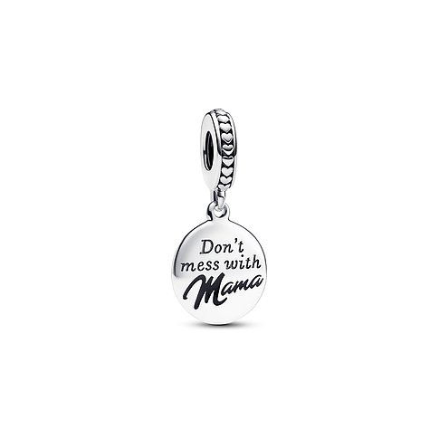 Pandora Anhängeschmuck aus 925er Silber und Emaille. Ein runder Anhänger mit der Gravur "Don't mess with Mama".