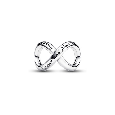 Pandora Anhängeschmuck aus 925er Silber mit Infinity-Symbol und Schriftzug.