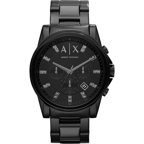 Armani Exchange Herrenuhr mit Edelstahlgehäuse, analog und mit Steinen besetzt.