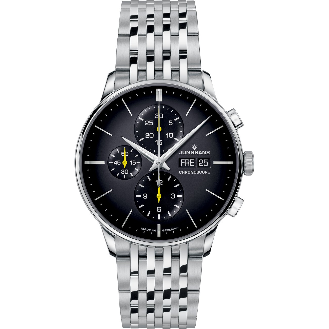 Junghans Herrenuhr mit Edelstahlgehäuse, schwarzes Zifferblatt, Chronograph.