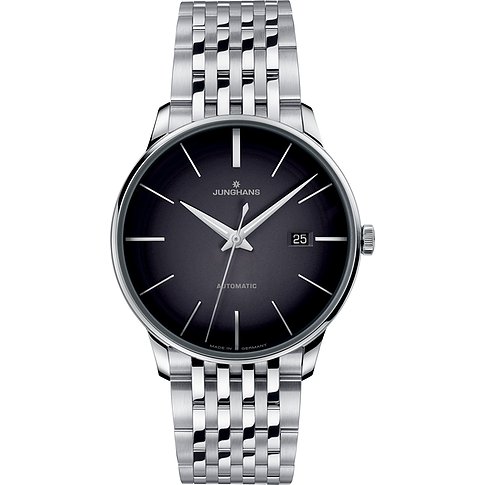 Junghans Herrenuhr mit Edelstahlgehäuse, schwarzem Zifferblatt und Datumsanzeige.