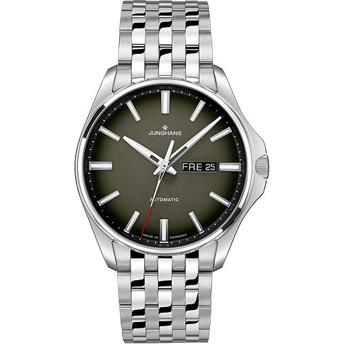 Junghans Herrenuhr mit Edelstahlgehäuse, grauem Zifferblatt und Automatikwerk.