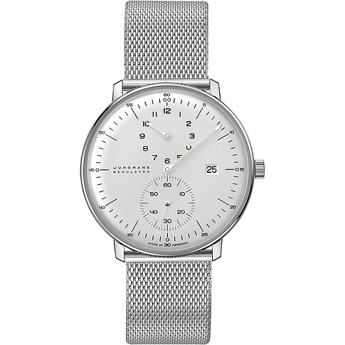 Junghans Herrenuhr mit Edelstahlgehäuse, weißem Zifferblatt und Mesh-Armband.