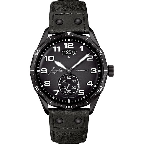 Junghans Herrenuhr mit Edelstahlgehäuse, schwarzem Zifferblatt und Lederarmband.