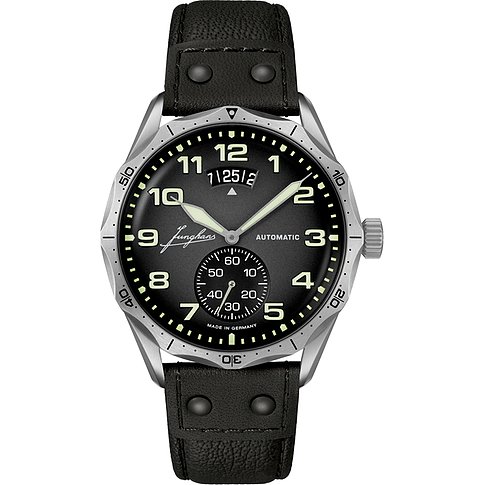 Junghans Herrenuhr mit Edelstahlgehäuse, schwarzem Zifferblatt und Automatikwerk.