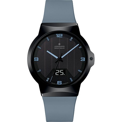 Junghans Herrenuhr mit Keramikgehäuse, analog-digital Anzeige und blauem Zifferblatt.