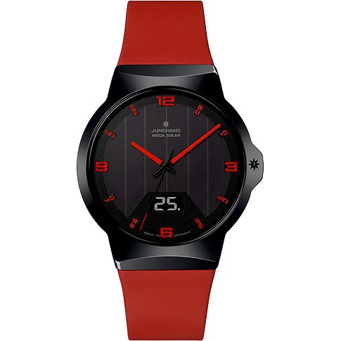 Junghans Herrenuhr mit Keramikgehäuse, schwarzem Zifferblatt und roten Akzenten.