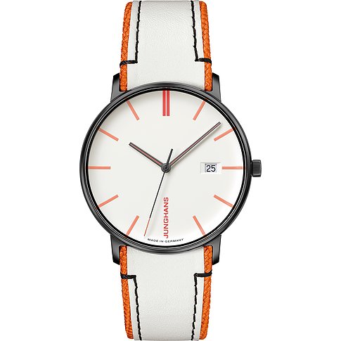 Junghans Herrenuhr mit Edelstahlgehäuse, weißem Zifferblatt und Datumsanzeige.