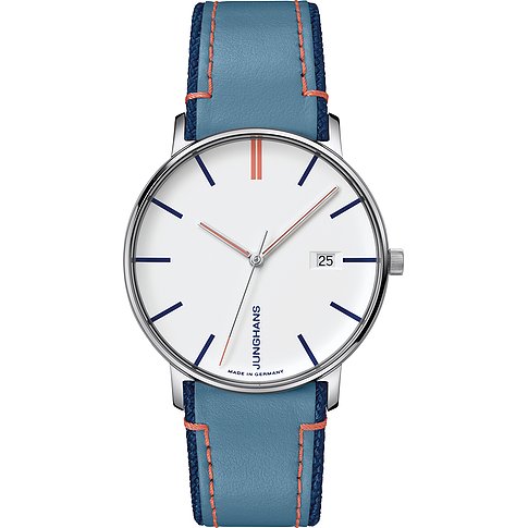 Junghans Herrenuhr mit Edelstahlgehäuse, weißem Zifferblatt, blauen und roten Markierungen.