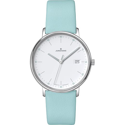 Junghans Damenuhr mit Edelstahlgehäuse, weißem Zifferblatt und blauem Armband.