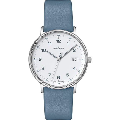 Junghans Damenuhr mit Edelstahlgehäuse, weißem Zifferblatt und blauem Lederarmband.