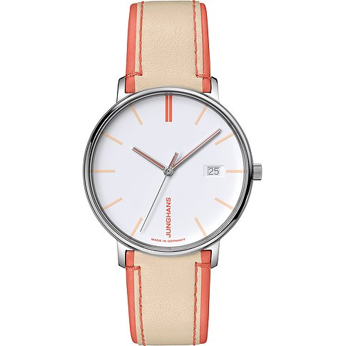 Junghans Damenuhr mit Edelstahlgehäuse, weißem Zifferblatt und zweifarbigem Lederarmband.